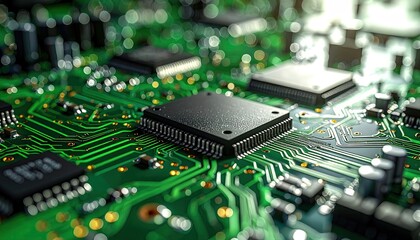Macro Shot of Electronic Circuit Board with Chips and Bright Green Traces Shallow Depth of Field