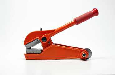 Naklejka premium Orange manual pipe bender tool for various materials. Plumber equipment easily bends tubes, pipes with accuracy. Construction, plumbing, DIY work rely on device. Bright color handle makes visible,