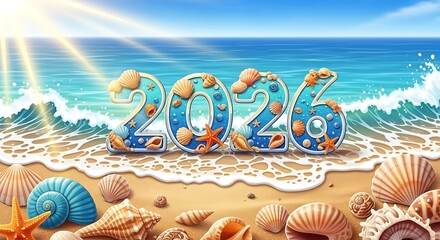 Happy new year 2024 beach scene with seashells and ocean waves