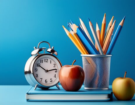 back to school creative concept still life with clock apple and pencils in holder on blue background