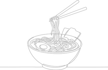 Line Art Detailed Ramen Noodle Soup Bowl with Chopsticks Illustration