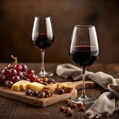 wine glasses with cheese board and grapes on table