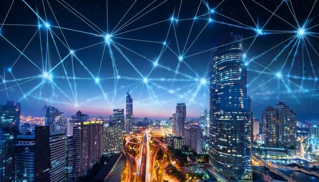 panoramic building modern business district at night with lines and dots of connection in the sky wireless internet network in smart city