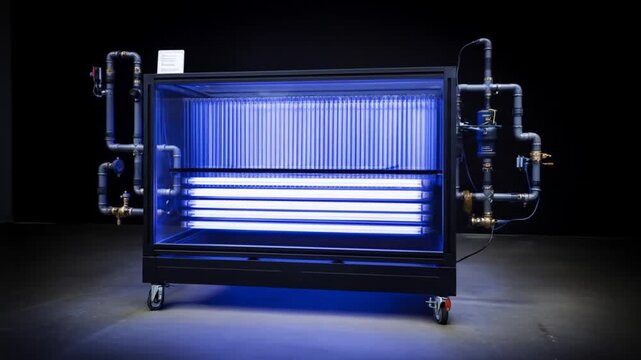 Illuminated apparatus with tubes and pipes against a black background