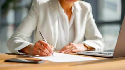 Businesswoman writing notes in sleek office with laptop and smartphone nearby - Powered by Adobe