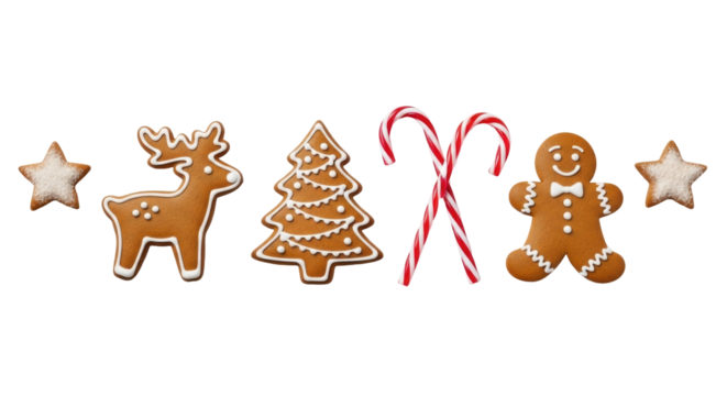 Isolated Christmas sweets assortment featuring gingerbread cookies and candy canes holiday treat