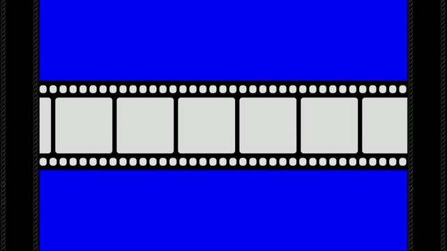 Image of a film strip with gray squares and blue background and black borders on each side animation