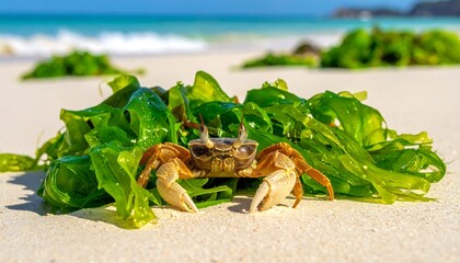 Crab on a bed of seaweed on a sandy beach.