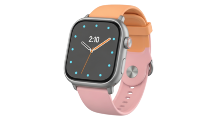 Isolated smartwatch with dual-color strap shows time 210 for wearable technology product shoot