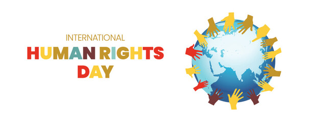 Naklejka premium Human Rights Day Banner Template with hand and 3d globe background, Equality Humanity Freedom banner Background for Social Media Cover, header and Justice Promotion template