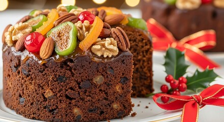 Close up of two fruitcakes decorated with nuts and candied fruits on a white serving plate