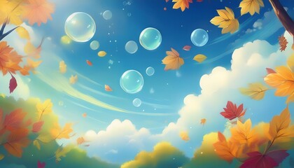 airy sky scene with bubbles and flying leaves