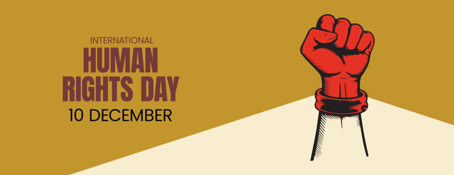 Human Rights Day social media banner template with protest crowd silhouettes, raised fist hand background, editable vector design for awareness, humanity, freedom, and justice promotion