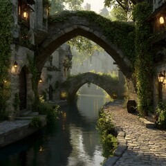 Obraz premium Stone Bridge over Medieval River