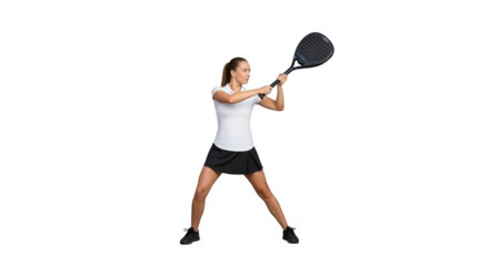 Attractive female padeler ready to hit ball in studio isolated on transparent background