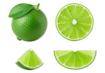 Fresh, vibrant green limes: a whole with a leaf, and various juicy slices, UHD photo against a clean transparent background, commercial food photography concept