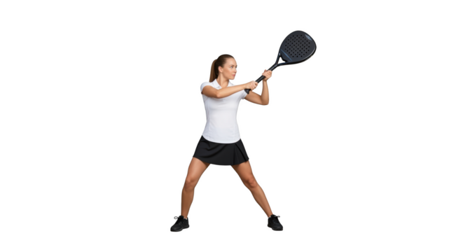 Attractive female padeler ready to hit ball in studio isolated on transparent background