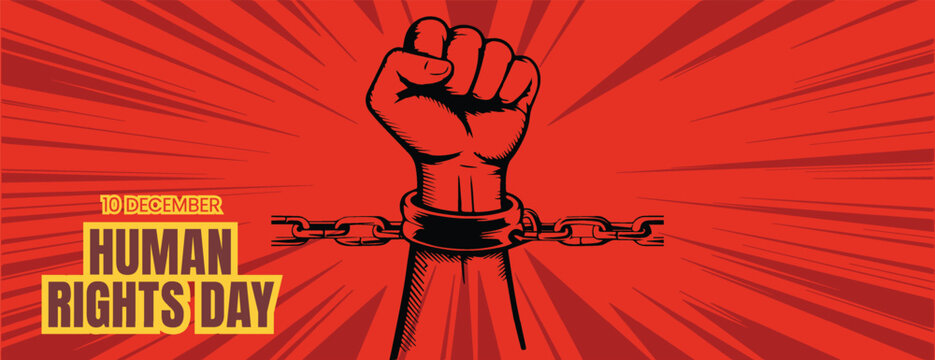 Global Human Rights Day editable horizontal banner template with raised fist chain-breaking vector, peace symbols, awareness background, equality protest, and justice for social media cover