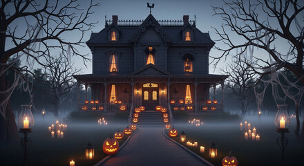 Haunted Victorian House Decorated for Halloween