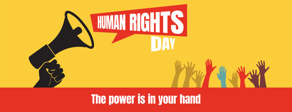 Editable Human Rights Day awareness banner template with protest megaphone, raised hand silhouette, freedom vector background, and global justice design for social media cover for promotion