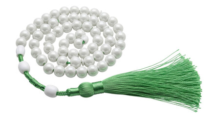 Isolated Islamic prayer beads, Misbaha tasbih with a tassel, religious remembrance of Allah