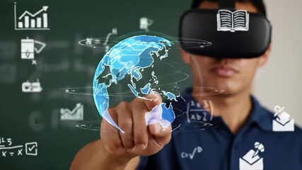 Man in VR Headset Interacts with Holographic Globe and Math Icons for Immersive Learning and Technology. - Powered by Adobe