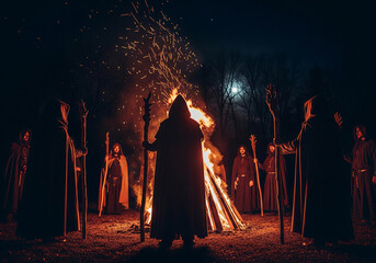Samhain ritual with cloaked figures around bonfire under full moon