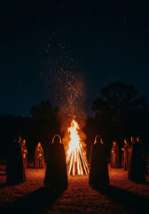 Pagan fire ritual during Samhain celebration in moonlit forest