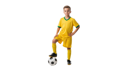 Boy soccer player in yellow uniform posing with foot on ball isolated on transparent background