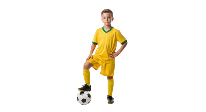 Boy soccer player in yellow uniform posing with foot on ball isolated on transparent background