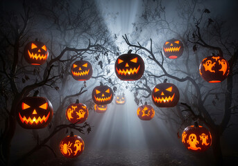 Foggy Halloween Forest with Hanging Jack-o'-Lanterns