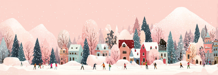 Charming winter village scene with snow covered houses and people enjoying outdoor activities in a scenic landscape illustration