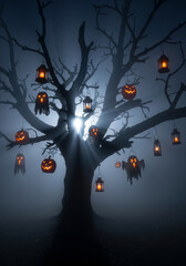 A spooky bare tree at night decorated with glowing jack-o&rsquo;-lanterns, ghost lanterns, and eerie lights shining through the fog. The haunting atmosphere creates a cinematic Halloween scene.