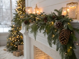 Christmas tree and fireplace mantel decorated with garland, lights, and ornaments in a cozy room