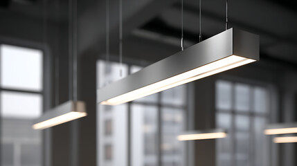 Modern rectangular LED light fixtures suspended from the ceiling