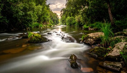 Forest stream at sunset