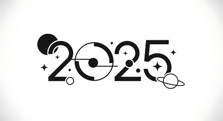 Futuristic 2025 text design with celestial elements and cosmic theme graphics