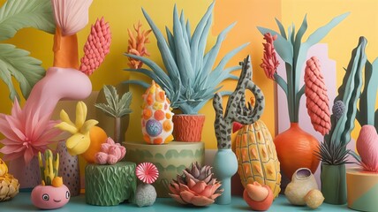 A surrealistic garden scene featuring a variety of colorful, sculptural and imaginative succulent plants in decorative pots