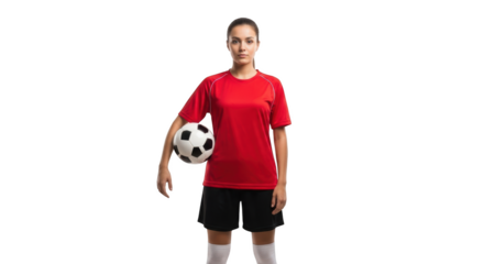 Confident female soccer player holding ball in uniform isolated on transparent background