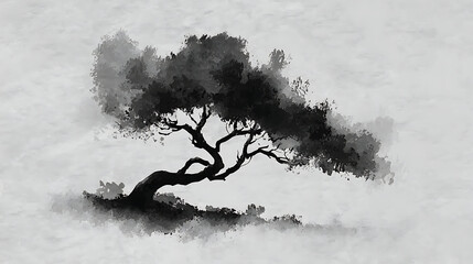 Japanese-inspired Tree illustration Serene ink wash painting on a misty landscape