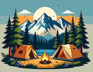 Camping Adventure in Mountain Forest.