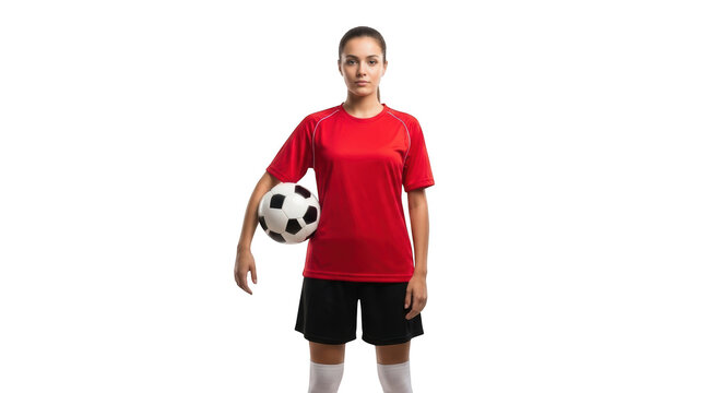Confident female soccer player holding ball in uniform isolated on transparent background