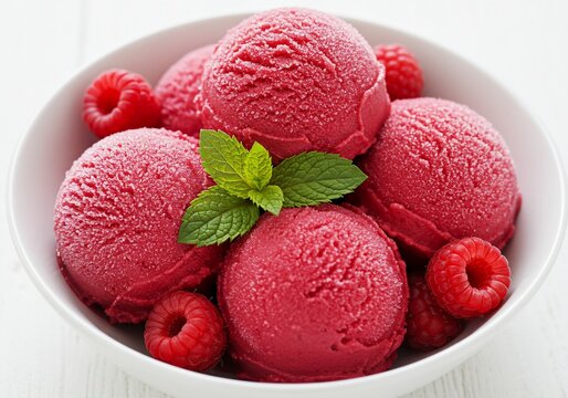 Delicious raspberry sorbet scoops in a white bowl with fresh berries and mint.