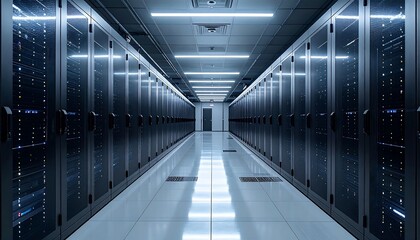Modern Server Room Interior with Rows of Network Equipment.