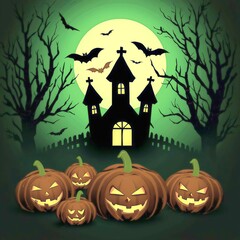 Fototapeta premium Halloween illustration featuring glowing jack-o'-lantern pumpkins in front of a haunted house with bats flying across a full moon and spooky trees in the background.