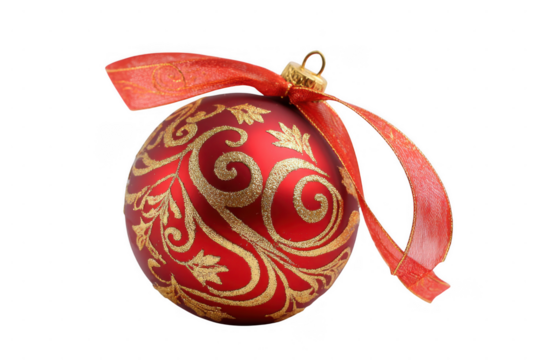 Elegant red christmas ornament with gold swirls and ribbon