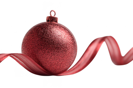 Sparkling red christmas ornament with flowing pink ribbon on transparent background