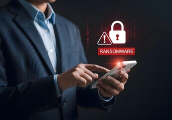 Businessman holding smartphone with ransomware alert and padlock icon on a dark background