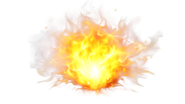 A bright and intense burst of fire, isolated on transparent background