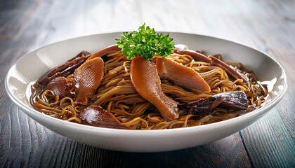 dried duck noodles in white bowl